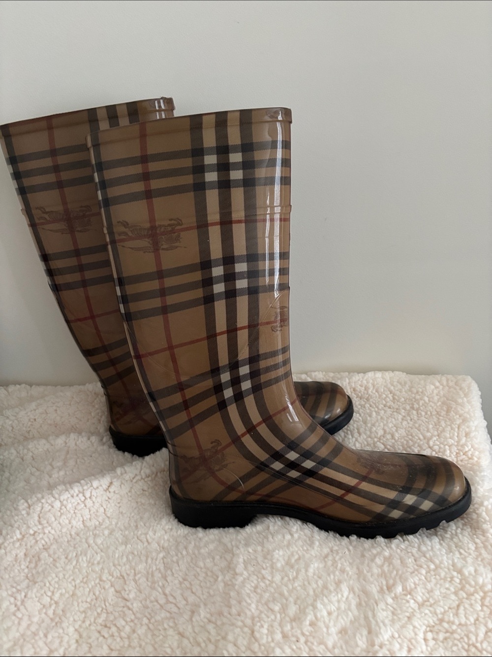 Burberry Tan Plaid Glossy Tall Rain Boots - Picture 2 of 6